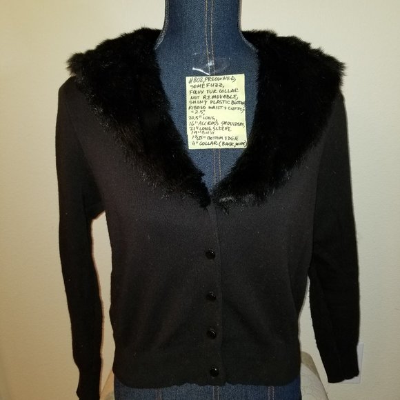 #808 Black Knit Cardigan Faux Fur Shawl Collar High Shine Glossy Buttons S - Picture 1 of 12